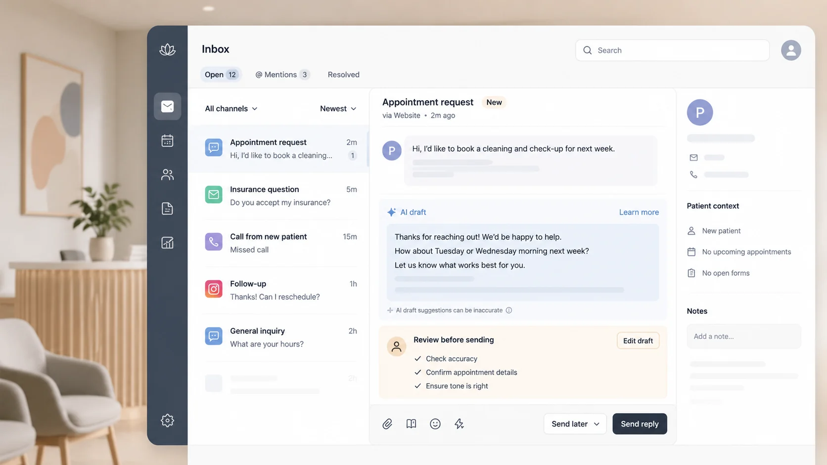AI-assisted draft reply in a clinic inbox showing human review before sending