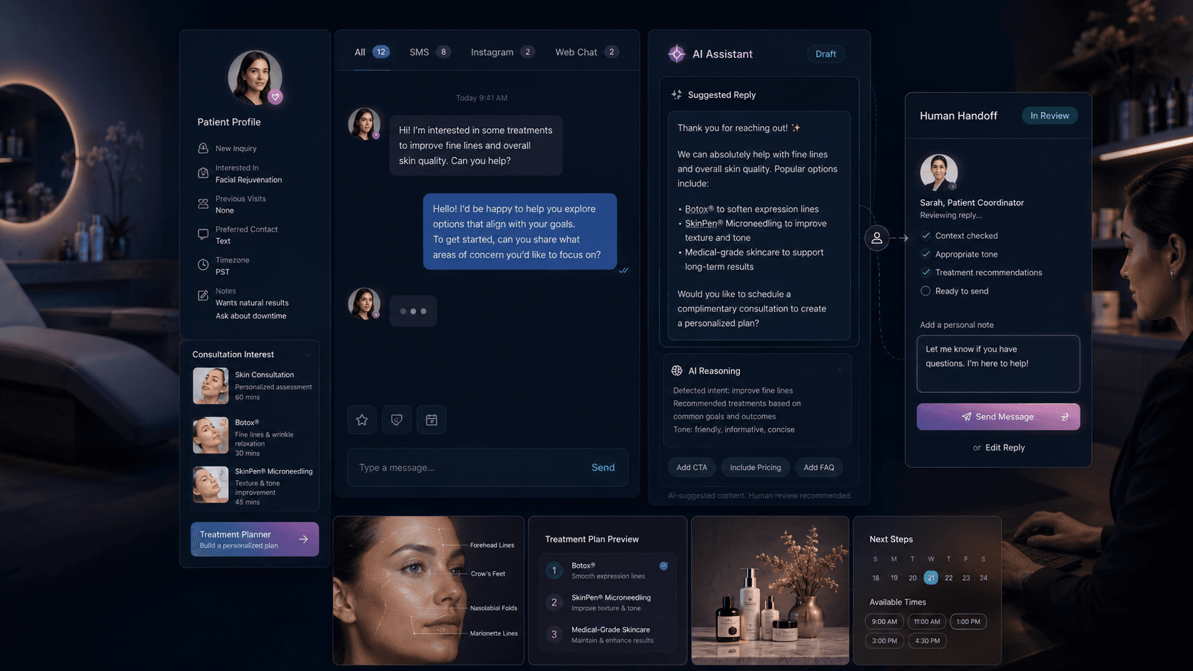 AI-assisted aesthetic clinic reply draft with human review and treatment planning context