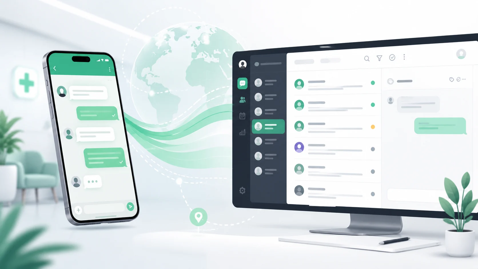 WhatsApp clinic enquiries transitioning from phone screen into a shared team inbox