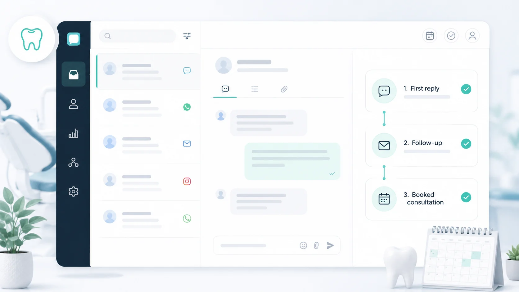 Dental clinic enquiry follow-up timeline shown in a modern inbox interface
