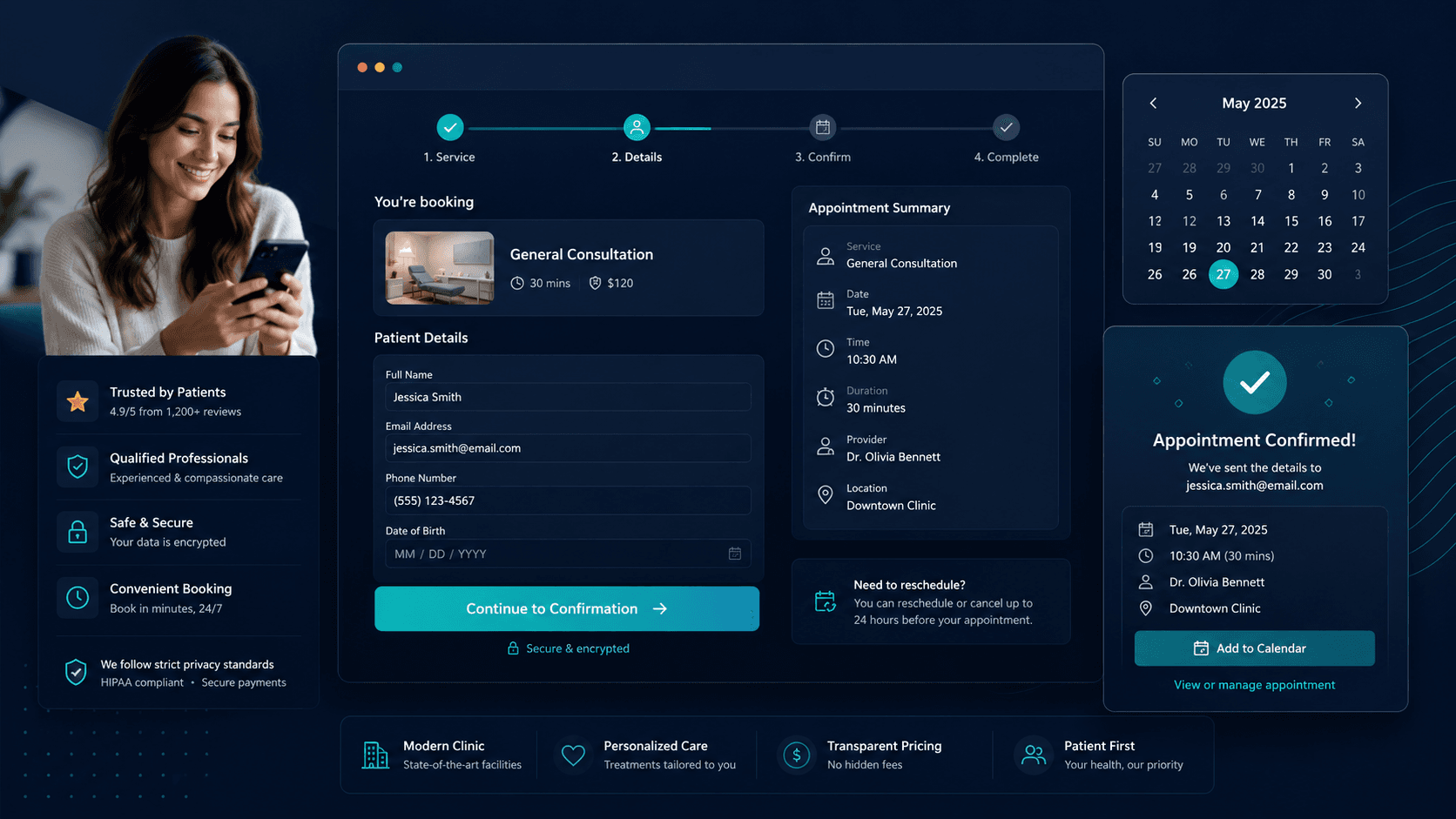 Modern clinic booking page with patient details, appointment summary, and confirmation step
