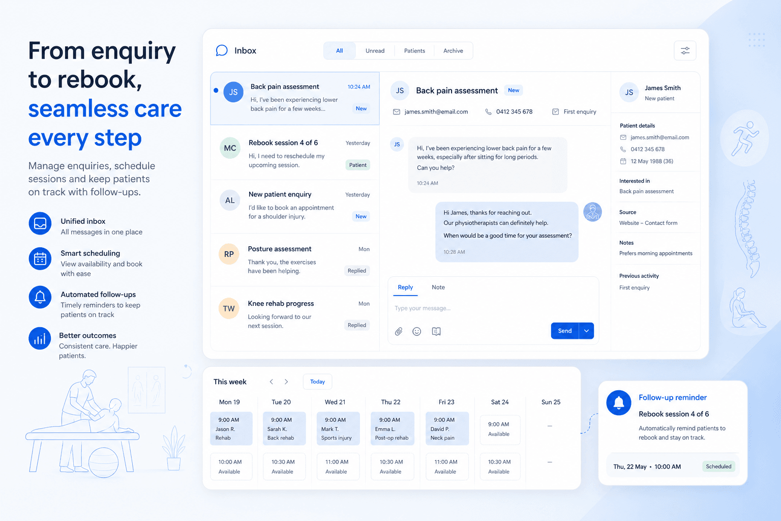 Physiotherapy clinic enquiry and rebooking threads organised in a unified inbox with session calendar context