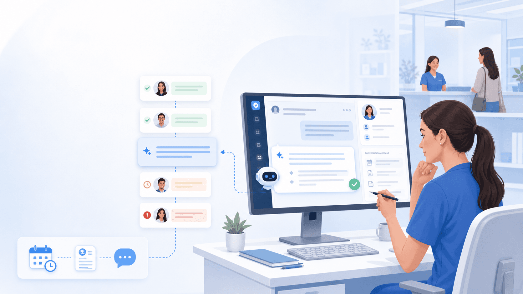 เวิร์กโฟลว์ Chat Receptionist ของคลินิก: ตอบแรก ฟิลด์รับเรื่อง และการส่งต่อในอินบ็อกซ์เดียว